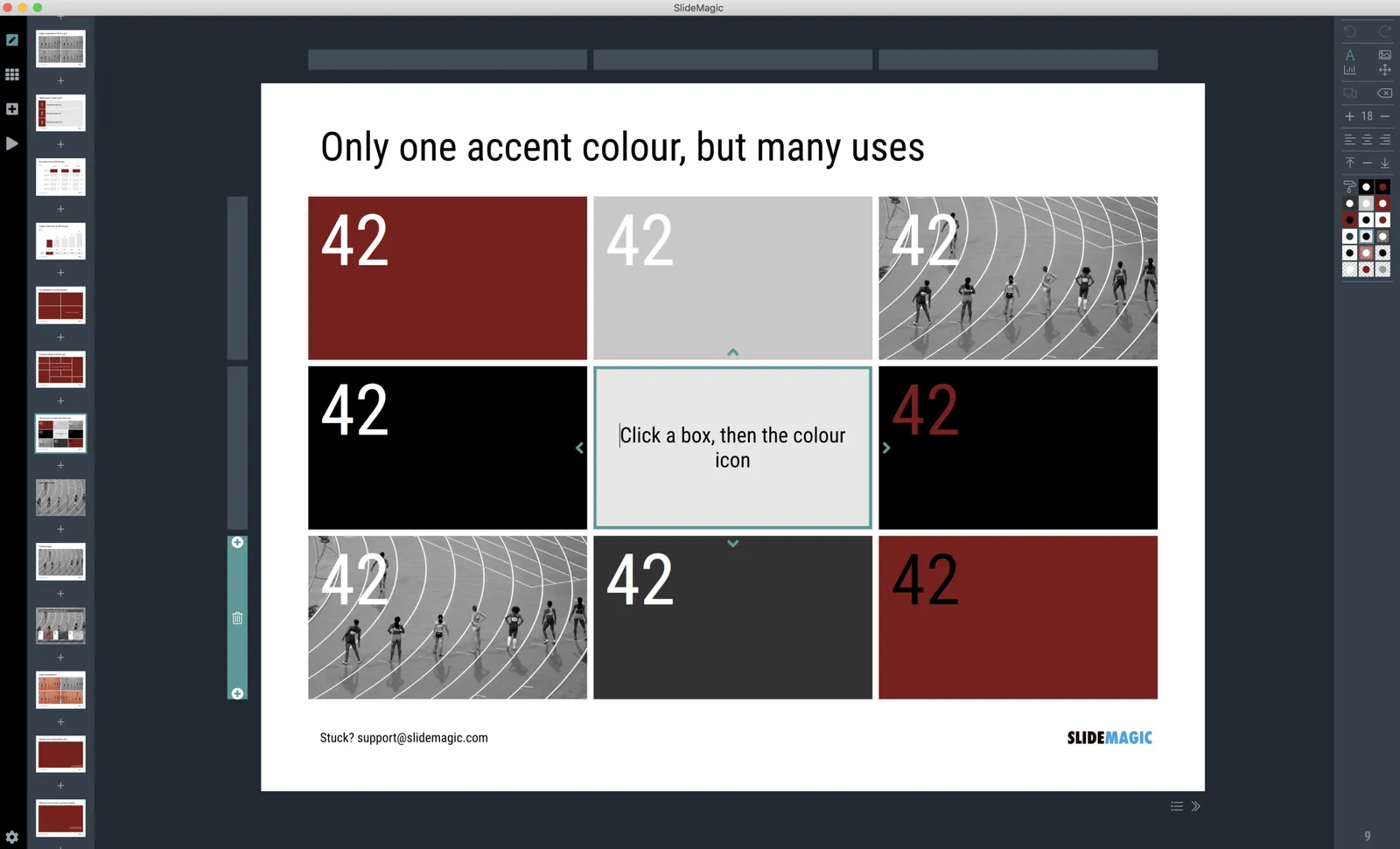 Brown/red in the slides, green in the app
