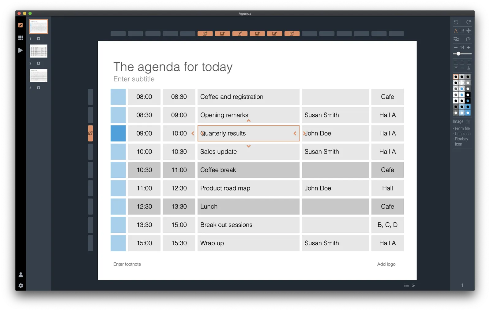 It is easy to make adjustments to an agenda slide in SlideMagic: simply add or remove rows or columns, and the entire grid lines up properly