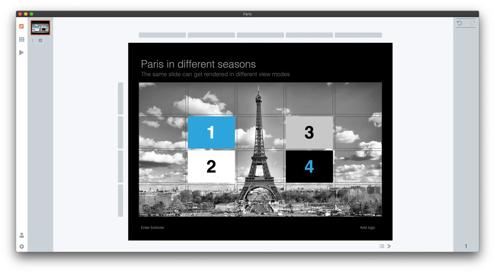 4:3, dark slide background (see how the app interface itself turns light to provide enough contrast)