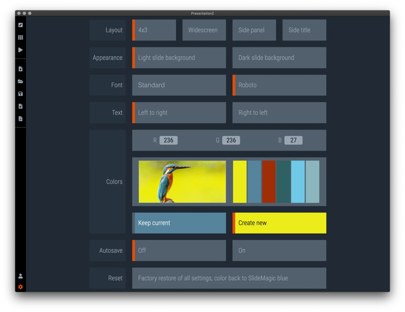  Set the accent colour of your presentation by either entering its RGB code, or picking a colour from an image that you uploaded 