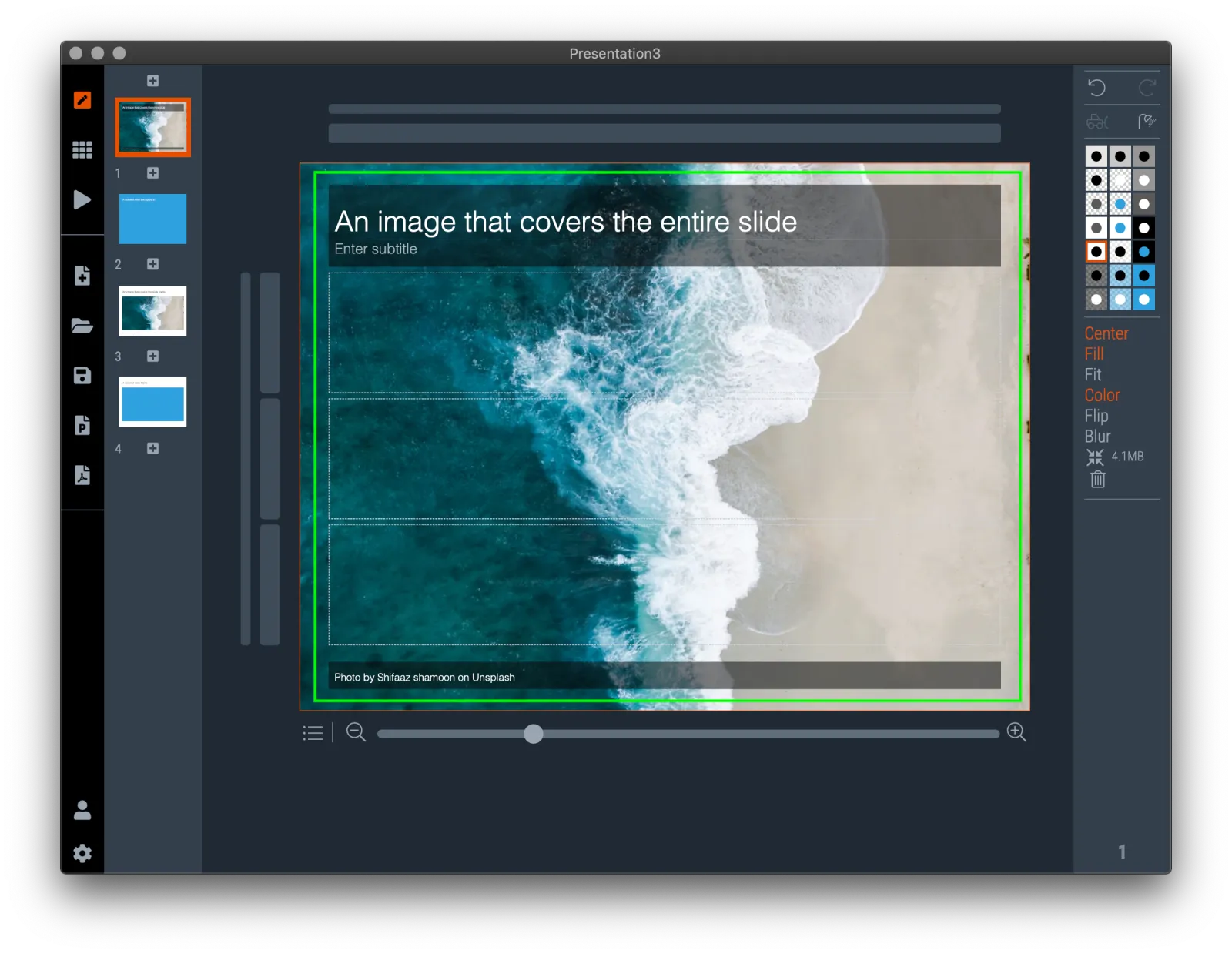  Select the slide background by clicking where it is not covered by another element. Place a background image in the same way as you do for a box in the grid. 