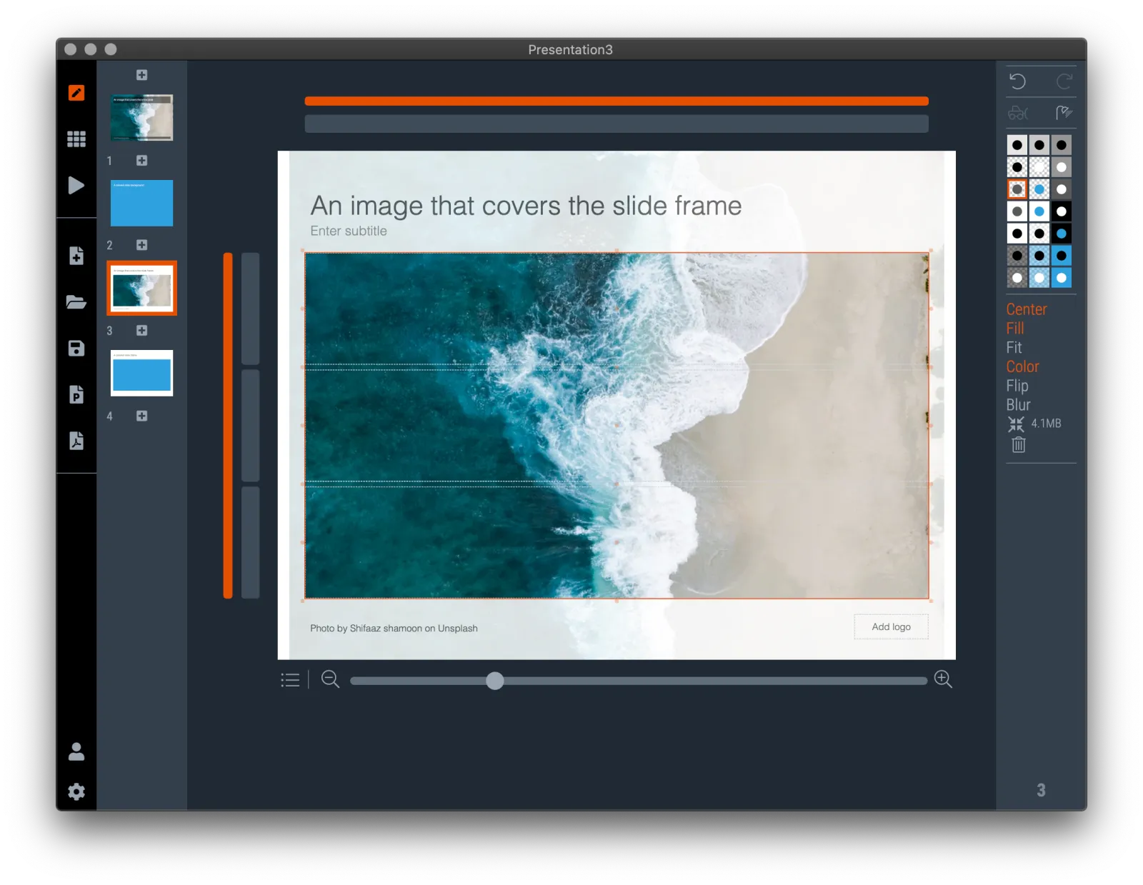  Select the slide “frame” by clicking the long and thin selectors that run across the slide. 