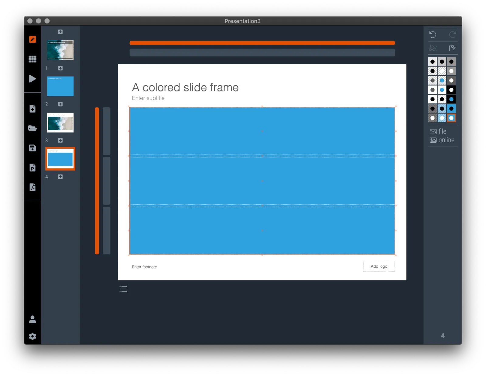  Apply a colour to the slide frame. The slide frame cannot hold text, but you can add it in one of the grid boxes that sit on top of it. 
