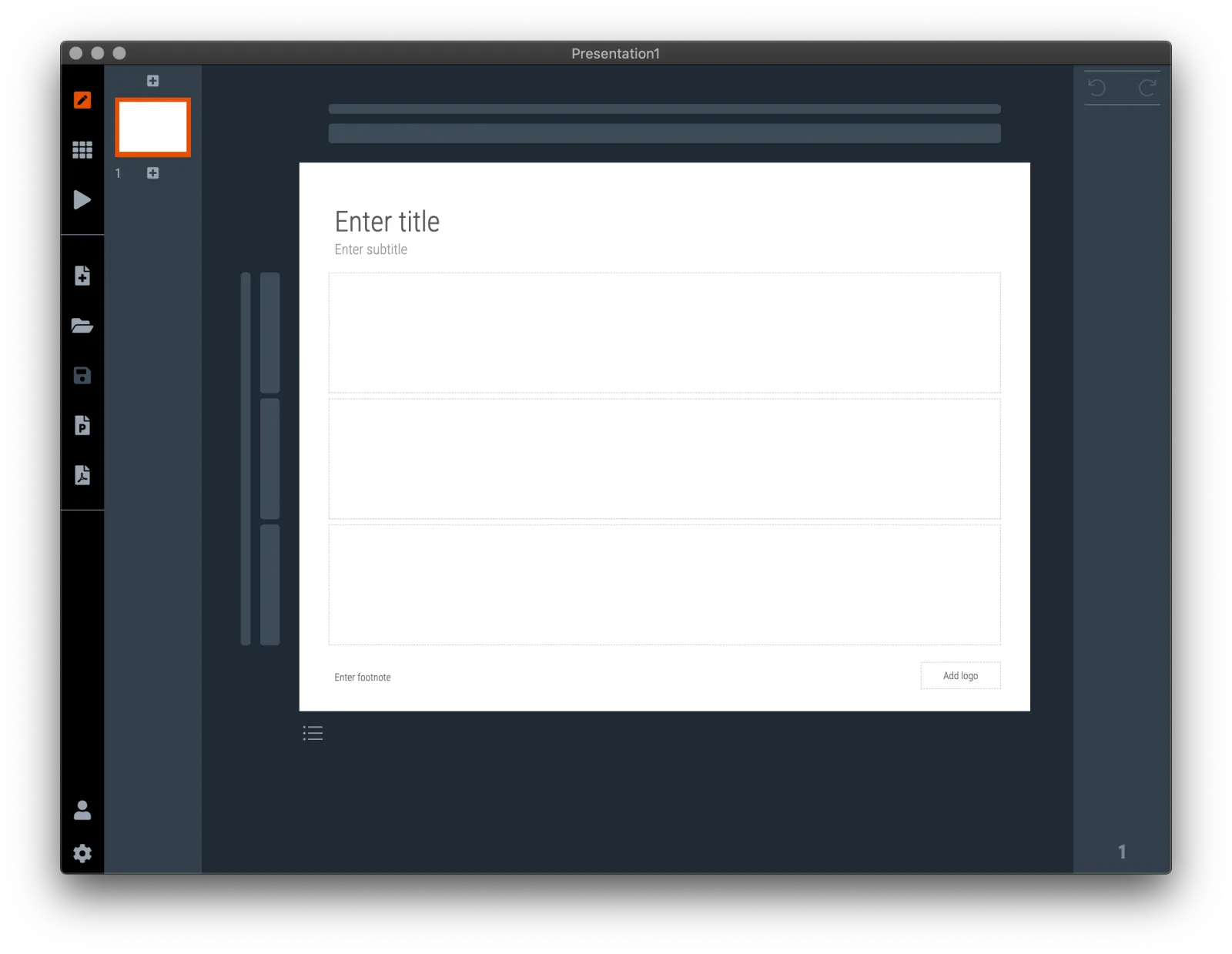   Edit : edit the selected slide in the main windows. Use the side panel on the left to select a different slide, re-arrange your slides, or add new slides. 