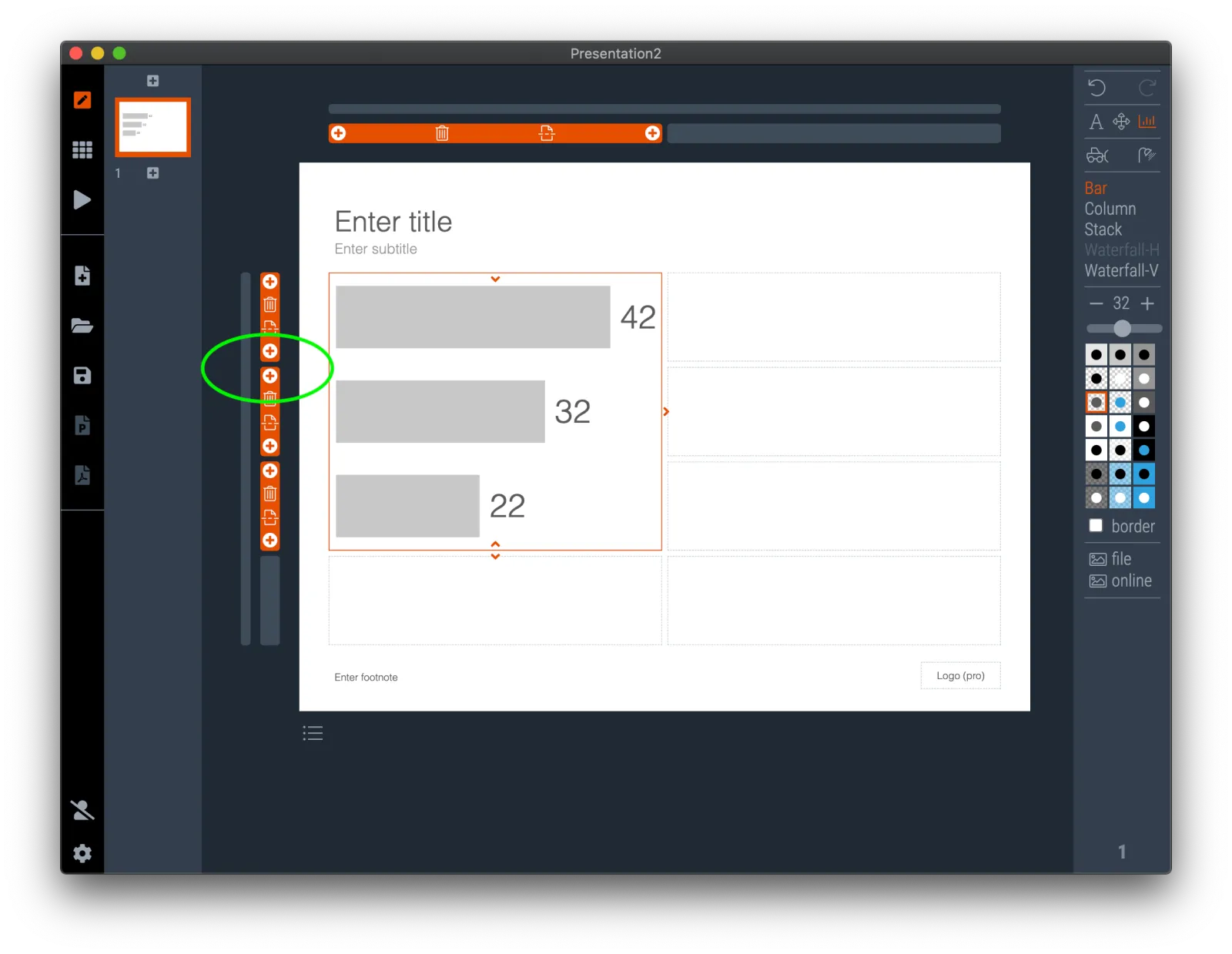  The number of bars in a bar chart is set by the number of rows its box covers. Add a bar by adding another row to the grid. 