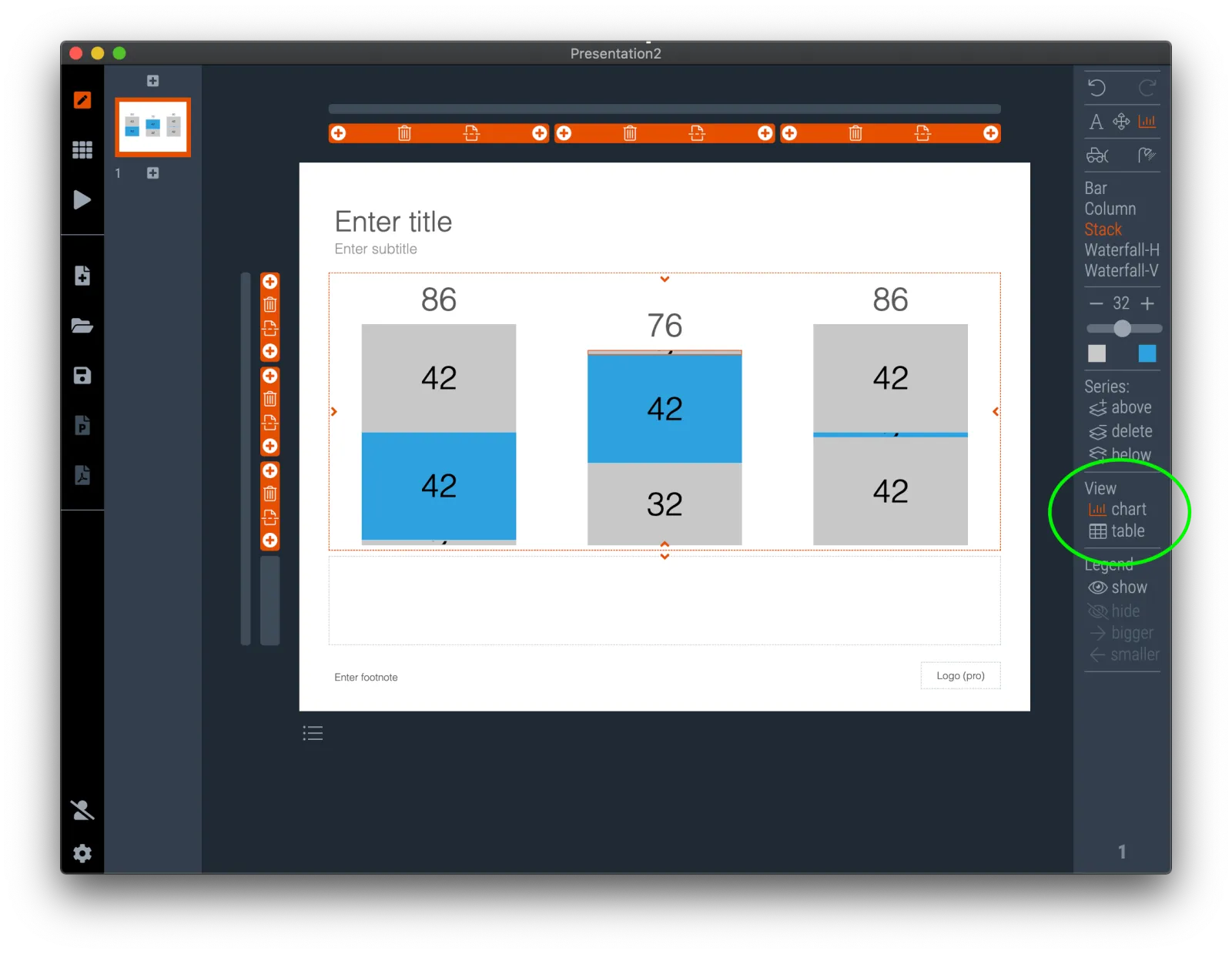  In chart view, a stack chart’s stacks appear in true size, but it can be hard to edit stacks that are very small in size 