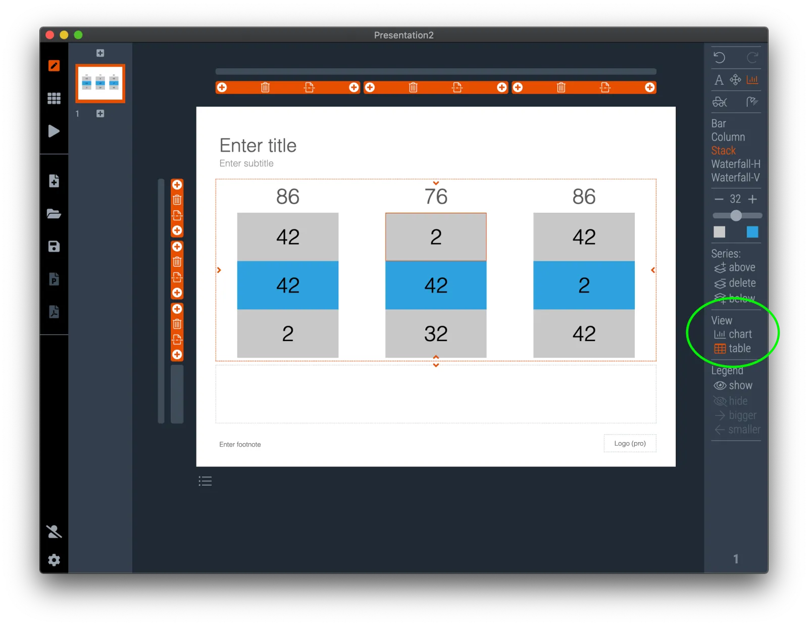  In table view, all the stacks of a stack chart are rendered in equal size, making it easy to edit its data, also for very small values 