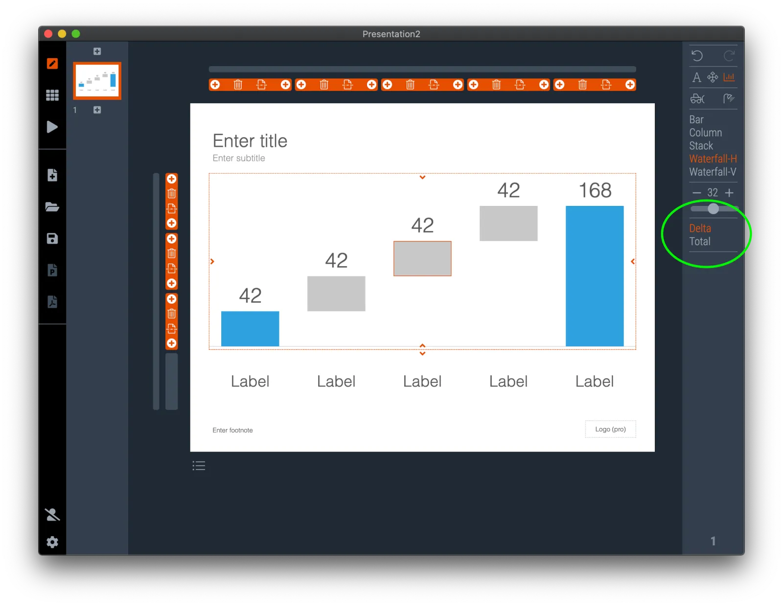  Set the required number of columns for your waterfall chart and decided whether the data point is a delta… 