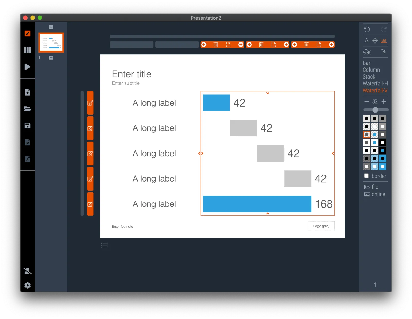  Vertical waterfall can handle long data labels better. For a vertical waterfall chart, you need to set the number of rows of the grid box equal to the number of data points 