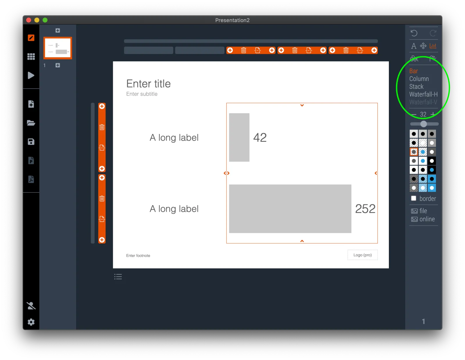  A waterfall chart needs at least 3 data points, (start, delta, end). If you are below that, the waterfall chart option that is not available is greyed out. Add another row to continue. 