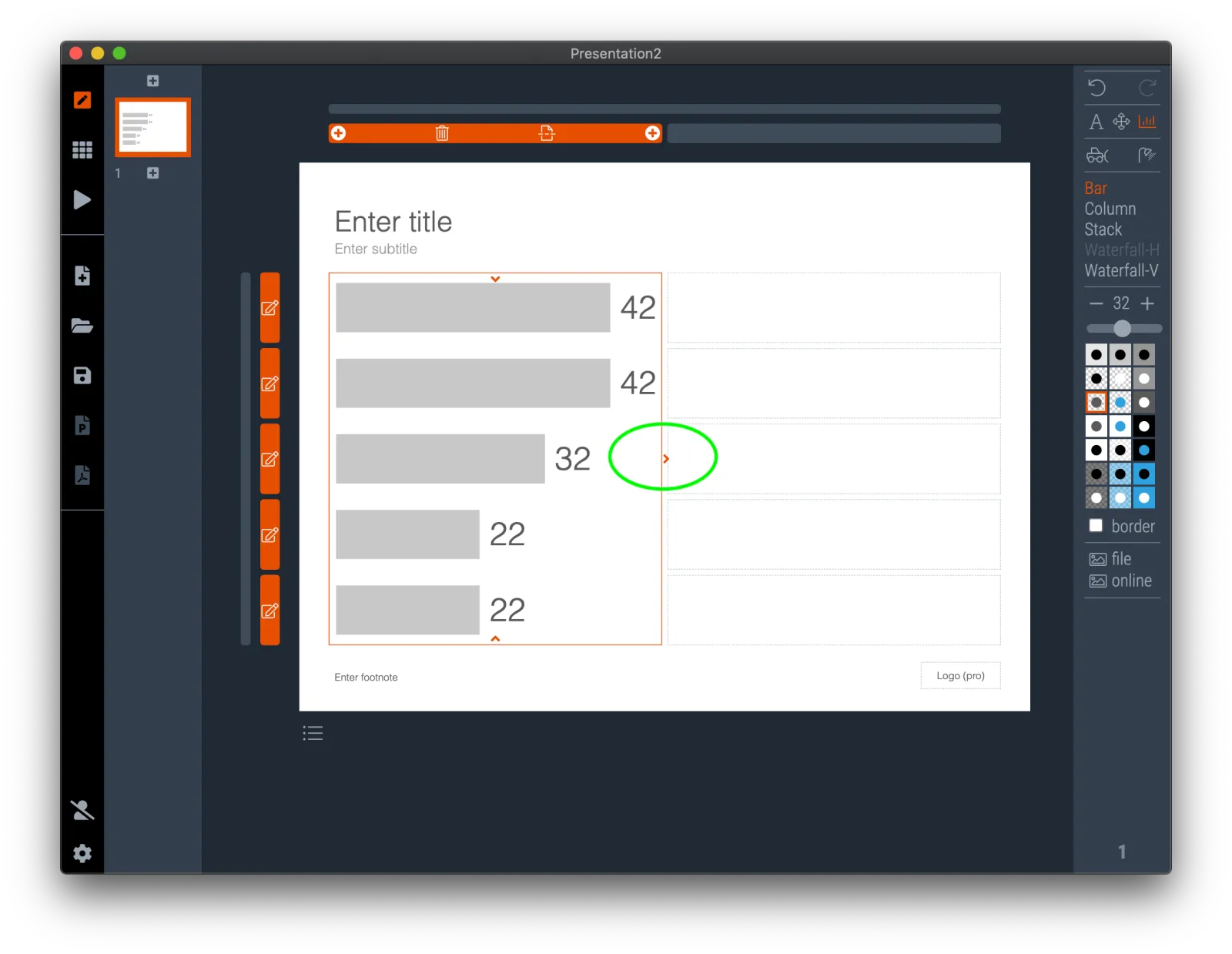  To make the bar chart cover more of the slide, expand the grid box to the right by clicking the right arrow 